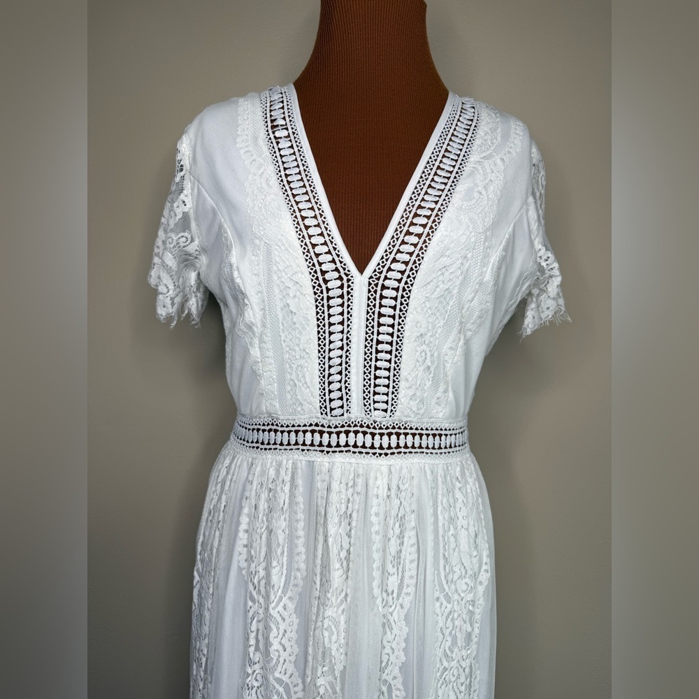 White V Neck Short Sleeve Floral Lace Wedding Bridesmaid Maxi Dress Small - Picture 3 of 10